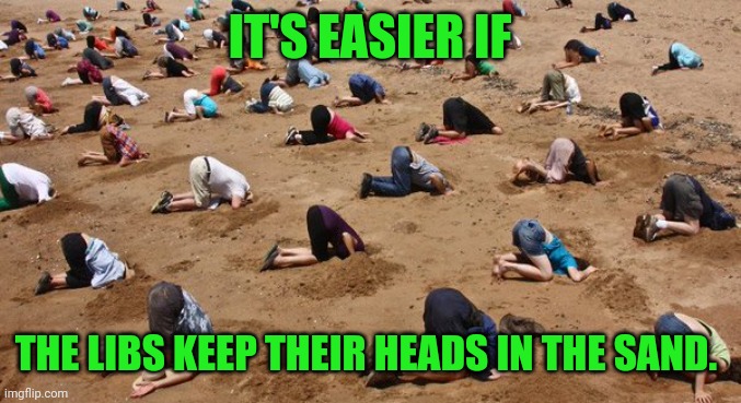 Heads in the Sand | IT'S EASIER IF THE LIBS KEEP THEIR HEADS IN THE SAND. | image tagged in heads in the sand | made w/ Imgflip meme maker