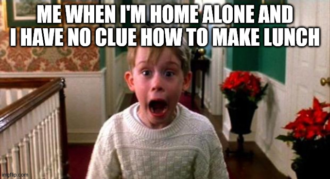 BIG ? | ME WHEN I'M HOME ALONE AND I HAVE NO CLUE HOW TO MAKE LUNCH | image tagged in kevin home alone | made w/ Imgflip meme maker