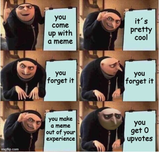 When you come up with a meme | it´s pretty cool; you come up with a meme; you forget it; you forget it; you make a meme out of your experience; you get 0 upvotes | image tagged in gru's plan,forgetting,memes,funny | made w/ Imgflip meme maker