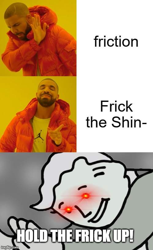 OML | friction; Frick the Shin-; HOLD THE FRICK UP! | image tagged in memes,drake hotline bling,hol up | made w/ Imgflip meme maker