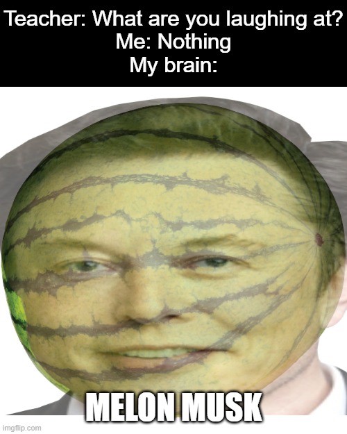 Teacher: What are you laughing at?
Me: Nothing
My brain:; MELON MUSK | image tagged in memes,elon musk | made w/ Imgflip meme maker