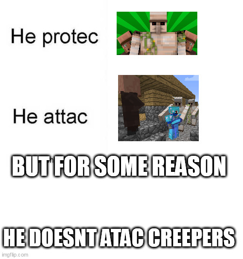 Iron golems are chicken | BUT FOR SOME REASON; HE DOESNT ATAC CREEPERS | image tagged in he protec he atac | made w/ Imgflip meme maker