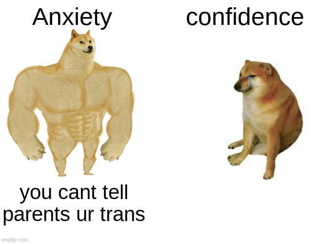 Buff Doge vs. Cheems | Anxiety; confidence; you cant tell parents ur trans | image tagged in memes,buff doge vs cheems | made w/ Imgflip meme maker