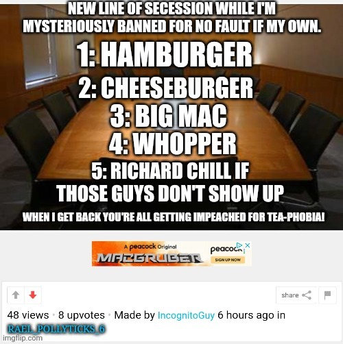 Incognito asked me to repost this for him since he can't post for some reason | NEW LINE OF SECESSION WHILE I'M MYSTERIOUSLY BANNED FOR NO FAULT IF MY OWN. 1: HAMBURGER; 2: CHEESEBURGER; 3: BIG MAC; 4: WHOPPER; 5: RICHARD CHILL IF THOSE GUYS DON'T SHOW UP; WHEN I GET BACK YOU'RE ALL GETTING IMPEACHED FOR TEA-PHOBIA! | image tagged in incognito,official,announcement,template | made w/ Imgflip meme maker