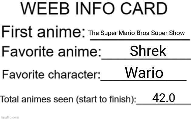 Weeb info card | The Super Mario Bros Super Show; Shrek; Wario; 42.0 | image tagged in weeb info card | made w/ Imgflip meme maker