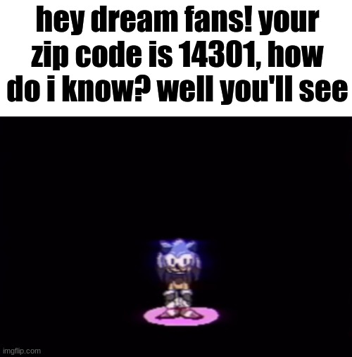 needlemouse stare | hey dream fans! your zip code is 14301, how do i know? well you'll see | image tagged in needlemouse stare | made w/ Imgflip meme maker