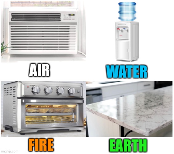 The 4 elements | WATER; AIR; FIRE; EARTH | made w/ Imgflip meme maker