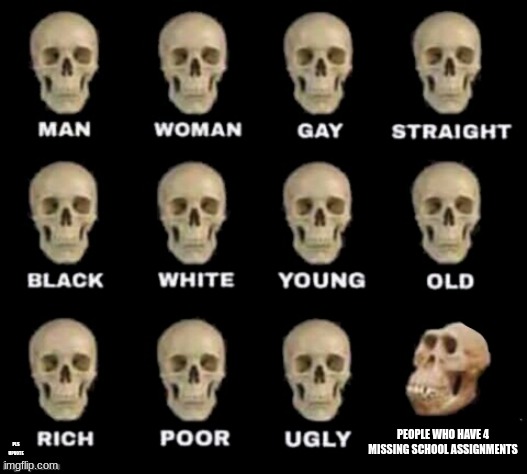 idiot skull | PEOPLE WHO HAVE 4 MISSING SCHOOL ASSIGNMENTS; PLS UPVOTE | image tagged in idiot skull | made w/ Imgflip meme maker