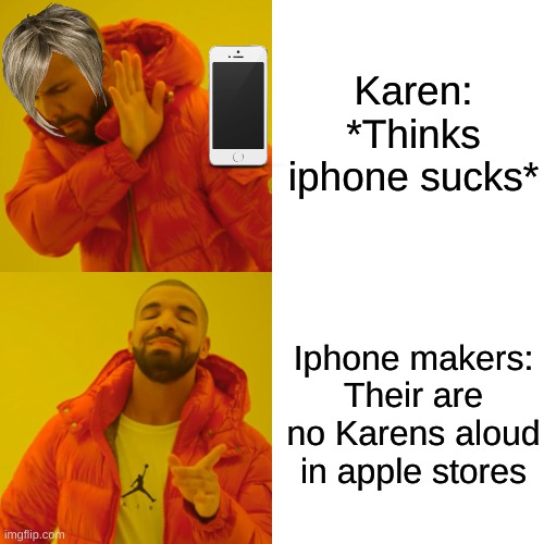 Drake Hotline Bling Meme | Karen: *Thinks iphone sucks*; Iphone makers: Their are no Karens aloud in apple stores | image tagged in memes,drake hotline bling | made w/ Imgflip meme maker