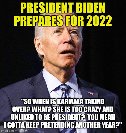 Biden is already talking about a second term. Who really thinks his dementia can be concealed   for his second year? | PRESIDENT BIDEN PREPARES FOR 2022; "SO WHEN IS KARMALA TAKING OVER? WHAT? SHE IS TOO CRAZY AND UNLIKED TO BE PRESIDENT?  YOU MEAN I GOTTA KEEP PRETENDING ANOTHER YEAR?" | image tagged in joe biden,mental health,task failed successfully,expectation vs reality,liberalism | made w/ Imgflip meme maker