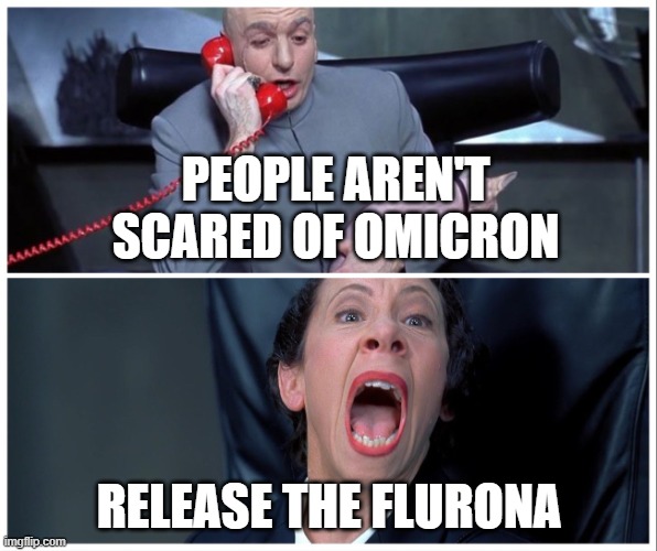 Dr Evil and Frau Yelling |  PEOPLE AREN'T SCARED OF OMICRON; RELEASE THE FLURONA | image tagged in dr evil and frau yelling,memes | made w/ Imgflip meme maker