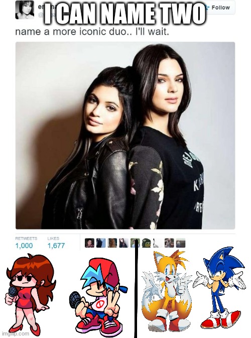 It be true | I CAN NAME TWO | image tagged in name a more iconic duo,fnf,sonic the hedgehog,sonic | made w/ Imgflip meme maker