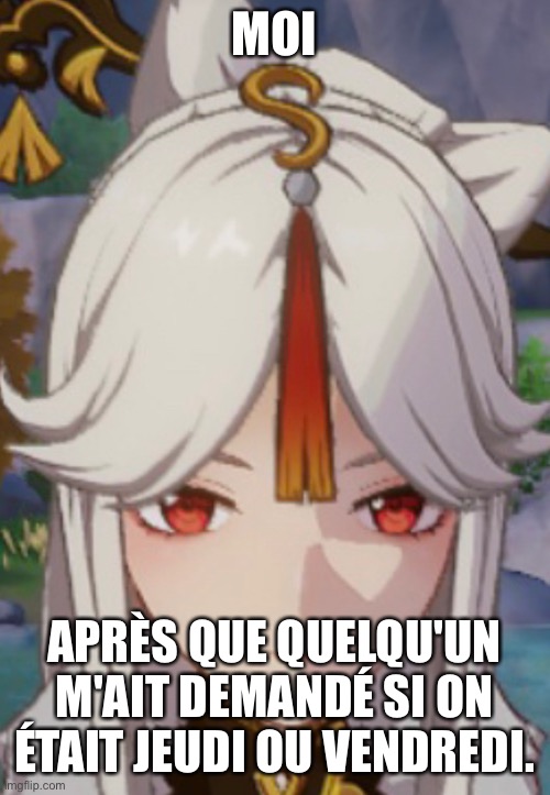 MOI; APRÈS QUE QUELQU'UN M'AIT DEMANDÉ SI ON ÉTAIT JEUDI OU VENDREDI. | made w/ Imgflip meme maker