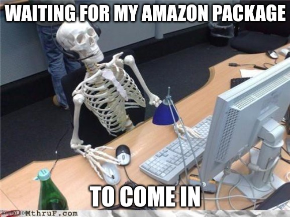 amazon | WAITING FOR MY AMAZON PACKAGE; TO COME IN | image tagged in waiting skeleton,memes | made w/ Imgflip meme maker