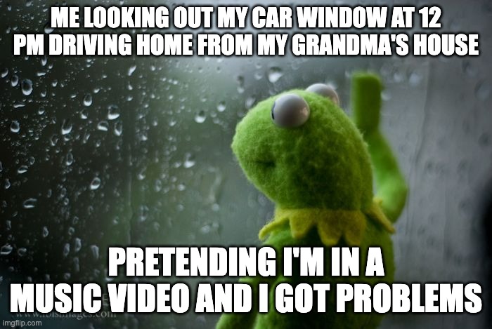 kermit window | ME LOOKING OUT MY CAR WINDOW AT 12 PM DRIVING HOME FROM MY GRANDMA'S HOUSE; PRETENDING I'M IN A MUSIC VIDEO AND I GOT PROBLEMS | image tagged in kermit window | made w/ Imgflip meme maker