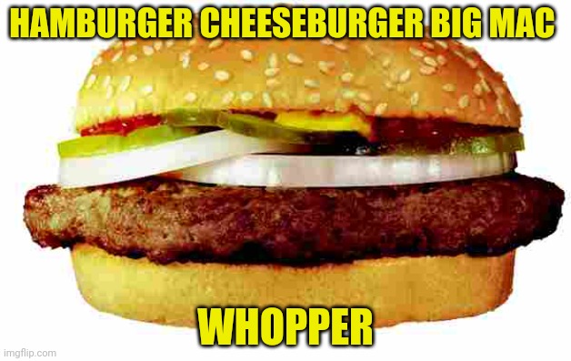 Hamburger | HAMBURGER CHEESEBURGER BIG MAC WHOPPER | image tagged in hamburger | made w/ Imgflip meme maker