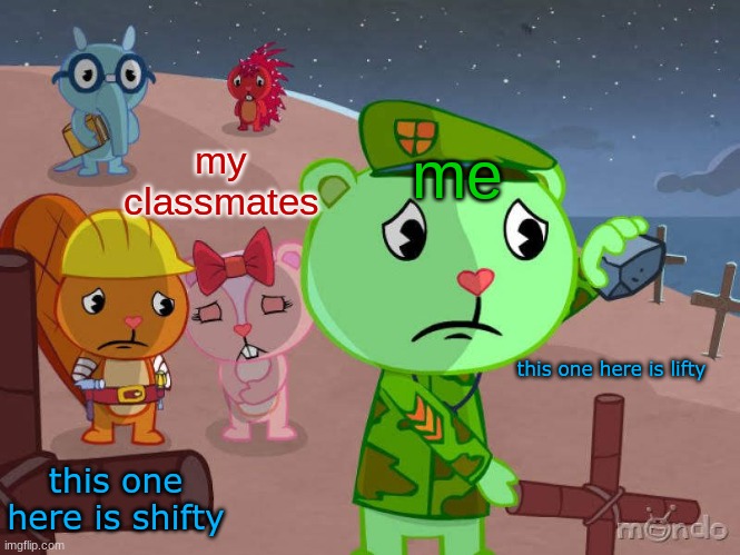 me when lifty and shifty died | my classmates; me; this one here is lifty; this one here is shifty | image tagged in htf memorial | made w/ Imgflip meme maker