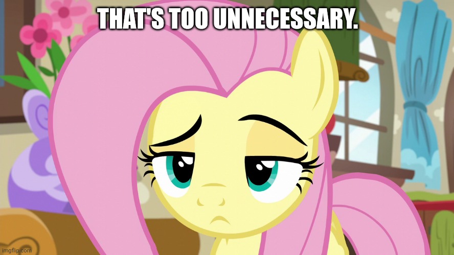 Skeptical Fluttershy (MLP) | THAT'S TOO UNNECESSARY. | image tagged in skeptical fluttershy mlp | made w/ Imgflip meme maker