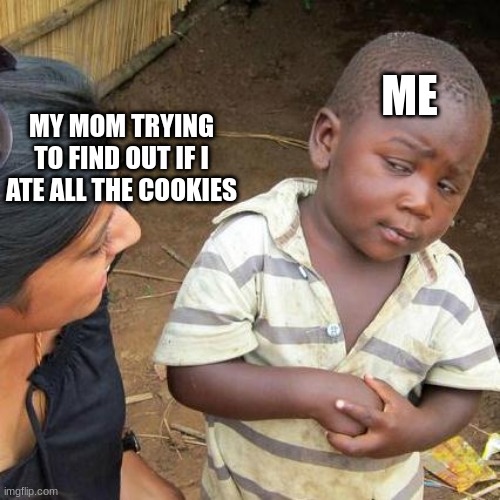 Third World Skeptical Kid | ME; MY MOM TRYING TO FIND OUT IF I ATE ALL THE COOKIES | image tagged in memes,third world skeptical kid | made w/ Imgflip meme maker
