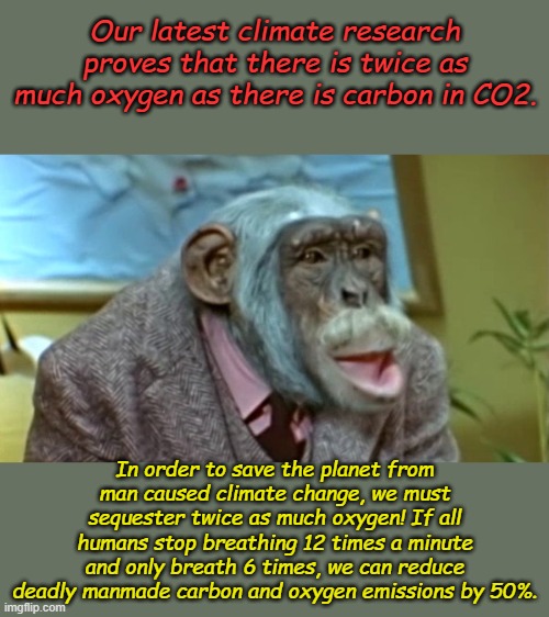 It's either this or invent a solar powered system that converts CO2 into oxygen and sugars. What? Plants do that already? | Our latest climate research proves that there is twice as much oxygen as there is carbon in CO2. In order to save the planet from man caused climate change, we must sequester twice as much oxygen! If all humans stop breathing 12 times a minute and only breath 6 times, we can reduce deadly manmade carbon and oxygen emissions by 50%. | image tagged in lancelot link scientist | made w/ Imgflip meme maker