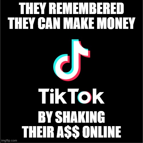 tiktok logo | THEY REMEMBERED THEY CAN MAKE MONEY BY SHAKING THEIR A$$ ONLINE | image tagged in tiktok logo | made w/ Imgflip meme maker