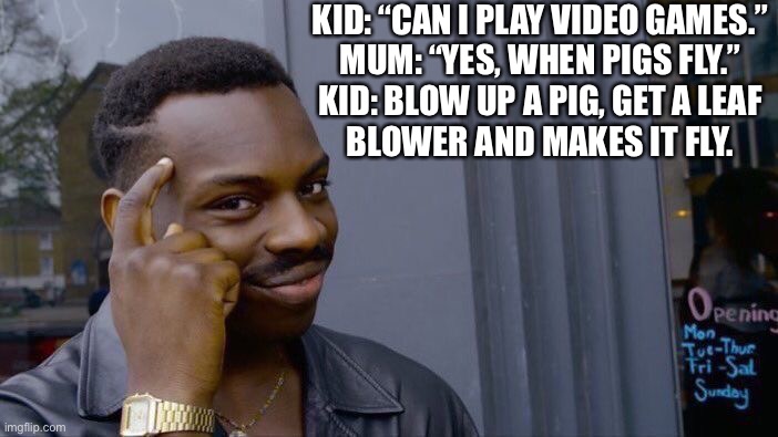 Smort | KID: “CAN I PLAY VIDEO GAMES.”

MUM: “YES, WHEN PIGS FLY.”

KID: BLOW UP A PIG, GET A LEAF BLOWER AND MAKES IT FLY. | image tagged in memes,roll safe think about it | made w/ Imgflip meme maker