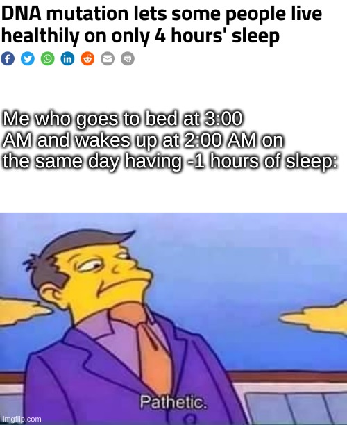 Sleeping time | Me who goes to bed at 3:00 AM and wakes up at 2:00 AM on the same day having -1 hours of sleep: | image tagged in skinner pathetic,sleep | made w/ Imgflip meme maker