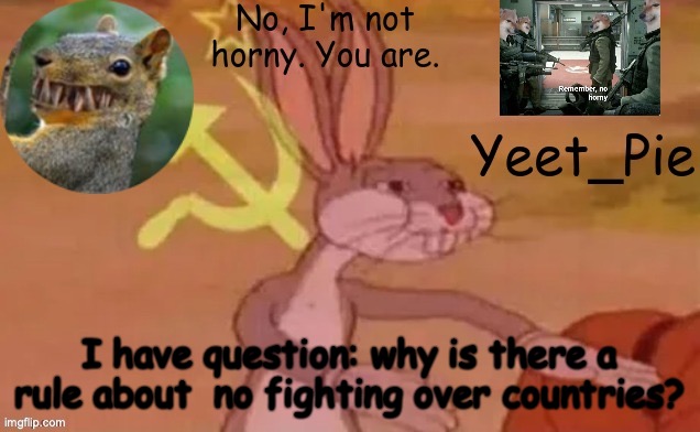 what started it? | I have question: why is there a rule about  no fighting over countries? | image tagged in yeet_pie | made w/ Imgflip meme maker