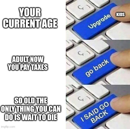 getting older | YOUR CURRENT AGE; KIDS; ADULT NOW YOU PAY TAXES; SO OLD THE ONLY THING YOU CAN DO IS WAIT TO DIE | image tagged in i said go back | made w/ Imgflip meme maker