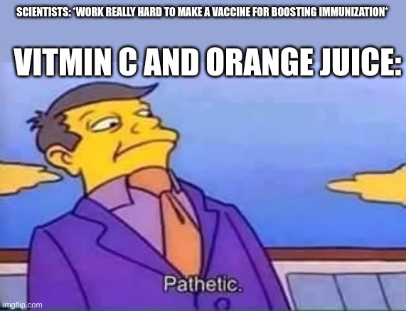 Vaccine meme | SCIENTISTS: *WORK REALLY HARD TO MAKE A VACCINE FOR BOOSTING IMMUNIZATION*; VITMIN C AND ORANGE JUICE: | image tagged in skinner pathetic | made w/ Imgflip meme maker