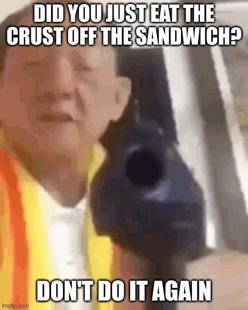 SWEET MOTHER OF NATURE | DID YOU JUST EAT THE CRUST OFF THE SANDWICH? DON'T DO IT AGAIN | image tagged in sad | made w/ Imgflip meme maker