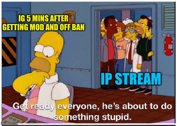 Just a prediction | IG 5 MINS AFTER GETTING MOD AND OFF BAN; IP STREAM | image tagged in homer simpson about to do something stupid | made w/ Imgflip meme maker