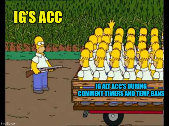 Yea this is legit | IG’S ACC; IG ALT ACC’S DURING COMMENT TIMERS AND TEMP BANS | image tagged in homero clones homer kirchner | made w/ Imgflip meme maker