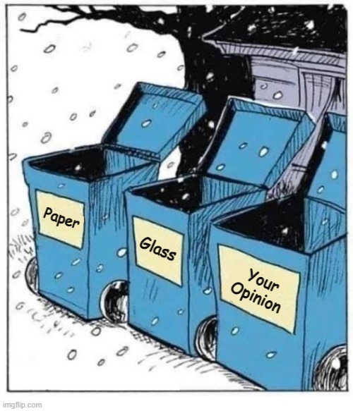 Filling The Bins | Paper; Glass; Your Opinion | image tagged in opinions,trash | made w/ Imgflip meme maker