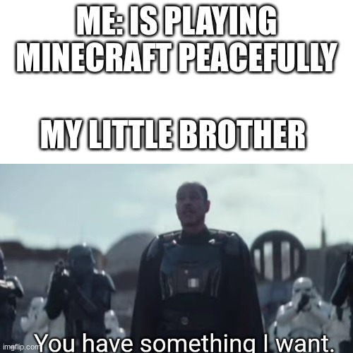 ME: IS PLAYING MINECRAFT PEACEFULLY; MY LITTLE BROTHER | image tagged in blank white template,memes,funny,star wars,little brother | made w/ Imgflip meme maker