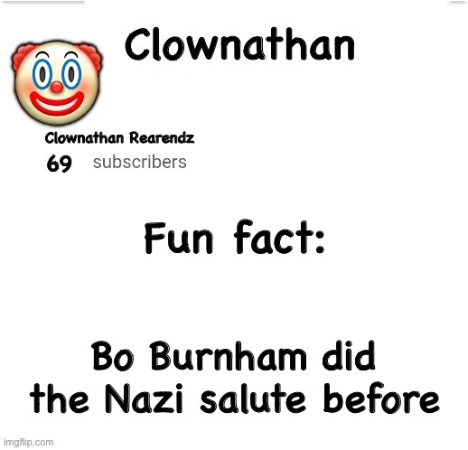 Clownathan template by Jummy | Fun fact:; Bo Burnham did the Nazi salute before | image tagged in clownathan template by jummy | made w/ Imgflip meme maker