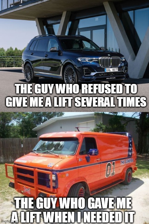 THE GUY WHO REFUSED TO GIVE ME A LIFT SEVERAL TIMES; THE GUY WHO GAVE ME A LIFT WHEN I NEEDED IT | image tagged in hitching | made w/ Imgflip meme maker