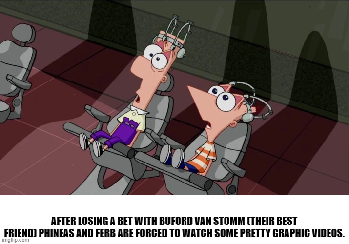 bertstrip (crossover edition) | AFTER LOSING A BET WITH BUFORD VAN STOMM (THEIR BEST FRIEND) PHINEAS AND FERB ARE FORCED TO WATCH SOME PRETTY GRAPHIC VIDEOS. | image tagged in phineas and ferb | made w/ Imgflip meme maker