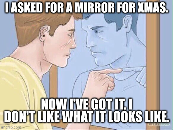 Mirror ruining my life | I ASKED FOR A MIRROR FOR XMAS. NOW I'VE GOT IT, I DON'T LIKE WHAT IT LOOKS LIKE. | image tagged in man pointing in mirror | made w/ Imgflip meme maker