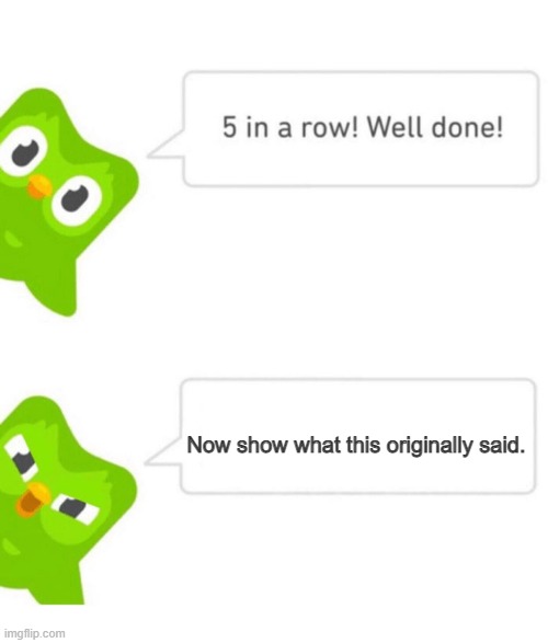hmmm yes the duolingo is made out of duolingo | Now show what this originally said. | image tagged in duolingo 5 in a row | made w/ Imgflip meme maker