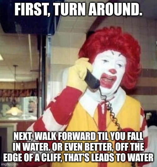 Ronald McDonald on the phone | FIRST, TURN AROUND. NEXT, WALK FORWARD TIL YOU FALL IN WATER. OR EVEN BETTER, OFF THE EDGE OF A CLIFF, THAT'S LEADS TO WATER | image tagged in ronald mcdonald on the phone | made w/ Imgflip meme maker