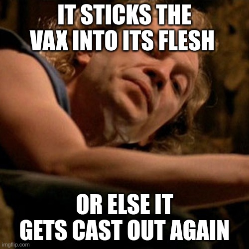 it sticks the vax into its flesh |  IT STICKS THE VAX INTO ITS FLESH; OR ELSE IT GETS CAST OUT AGAIN | image tagged in buffalo bill | made w/ Imgflip meme maker