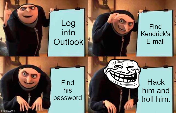 Hacky time | Log into Outlook; Find Kendrick's E-mail; Find his password; Hack him and troll him. | image tagged in memes,gru's plan | made w/ Imgflip meme maker