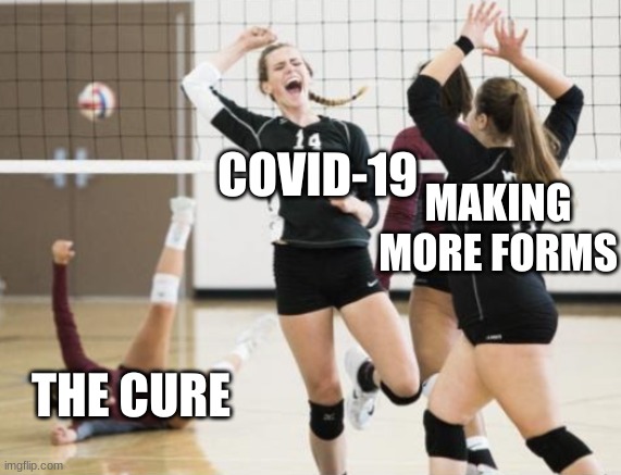 So true | COVID-19; MAKING MORE FORMS; THE CURE | image tagged in girls cheering other girl dead,funny memes,memes | made w/ Imgflip meme maker