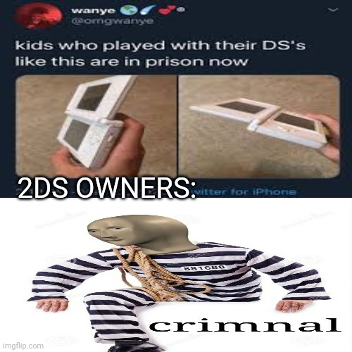 title | 2DS OWNERS: | image tagged in criminal,memes,meme man | made w/ Imgflip meme maker