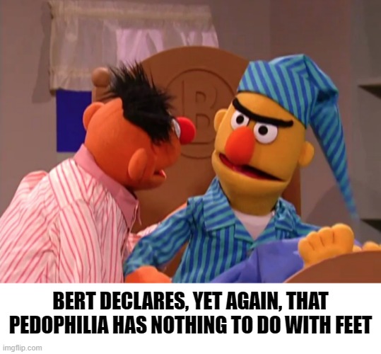 Sometimes The Truth Is Hard to Handle | BERT DECLARES, YET AGAIN, THAT PEDOPHILIA HAS NOTHING TO DO WITH FEET | image tagged in bert and ernie | made w/ Imgflip meme maker