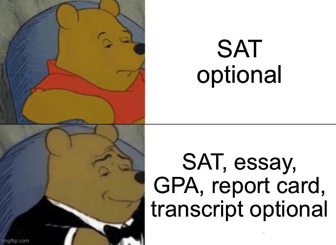 College | SAT optional; SAT, essay, GPA, report card, transcript optional | image tagged in memes,tuxedo winnie the pooh | made w/ Imgflip meme maker