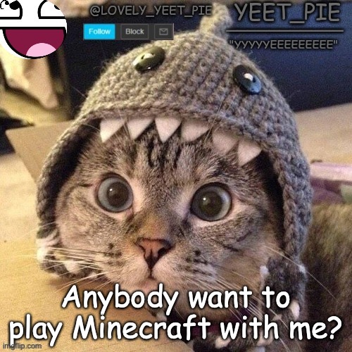 Yeet_Pie | Anybody want to play Minecraft with me? | image tagged in yeet_pie | made w/ Imgflip meme maker