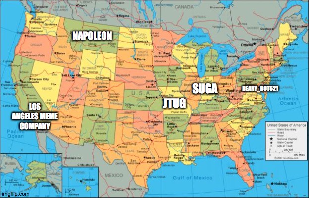 map of United States | NAPOLEON JTUG SUGA BEANY_BOT621 LOS ANGELES MEME COMPANY | image tagged in map of united states | made w/ Imgflip meme maker