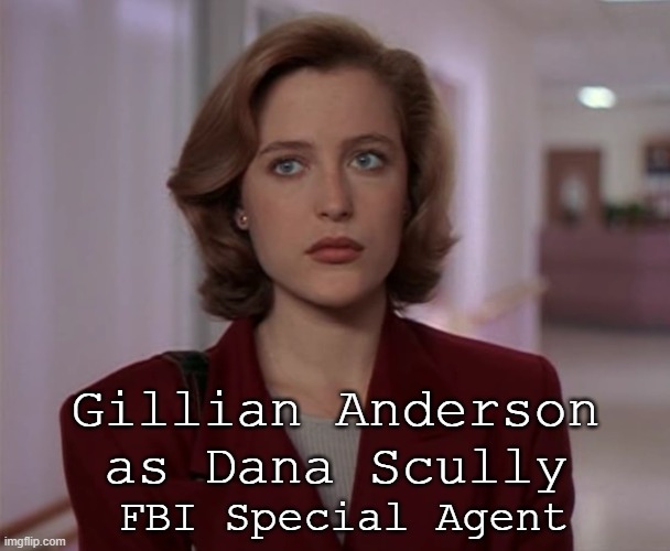 Gillian Anderson Dana Scully FBI Special Agent | Gillian Anderson
as Dana Scully; FBI Special Agent | image tagged in gillian anderson dana scully x-files,fbi,the x-files,science,logical,secular | made w/ Imgflip meme maker